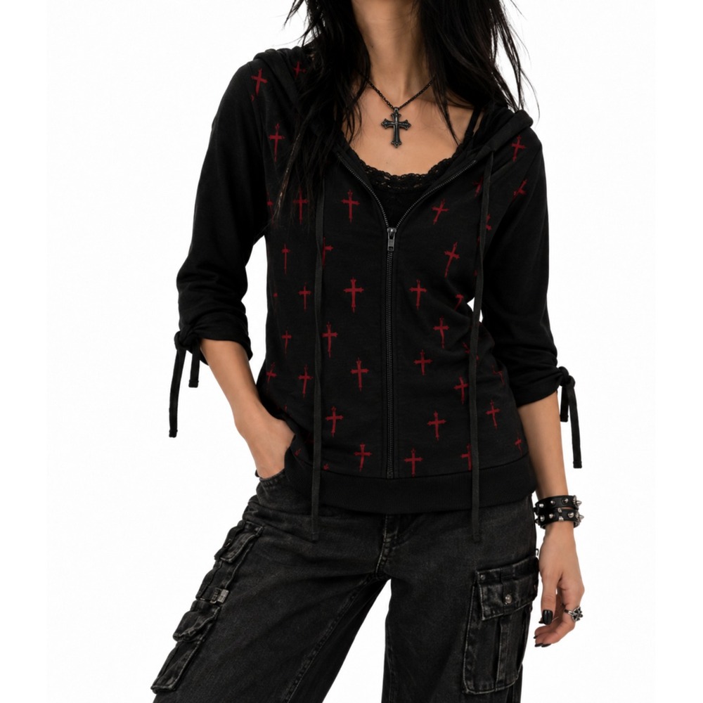 Lip Service Hoodie Womens Size 2 Black Dagger AOP Goth Grunge Punk Rocker Rave